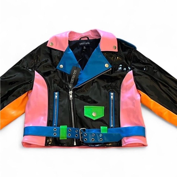 Dolls Kill Jackets & Blazers - Dolls Kill Patent Multicolor Moto Jacket - Black, Pink, Blue, Green, Orange